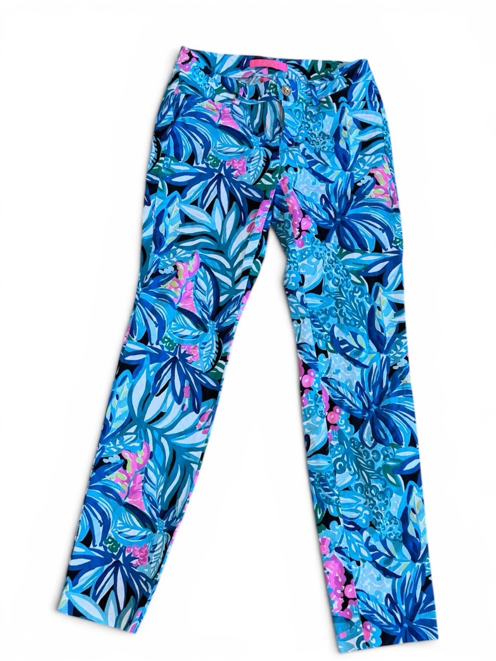 Lilly Pulitzer Blue Floral Print Stretch Leggings with Pink Accents